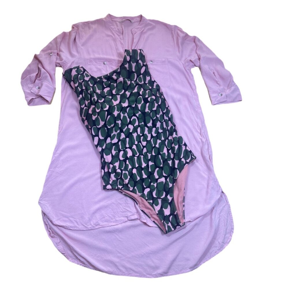 Women’s One Piece Swimsuit Green Pink Abstract Print Size M - Picture 6 of 7